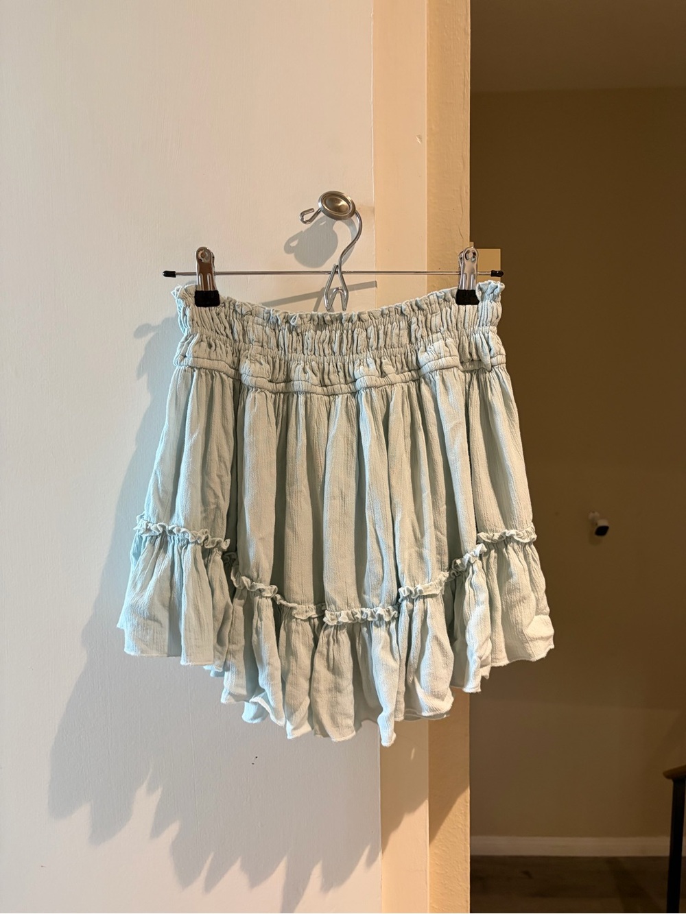 Free People light Blue Crinkle Ruffle Mini Skirt, Elastic Waist Lined, Size S